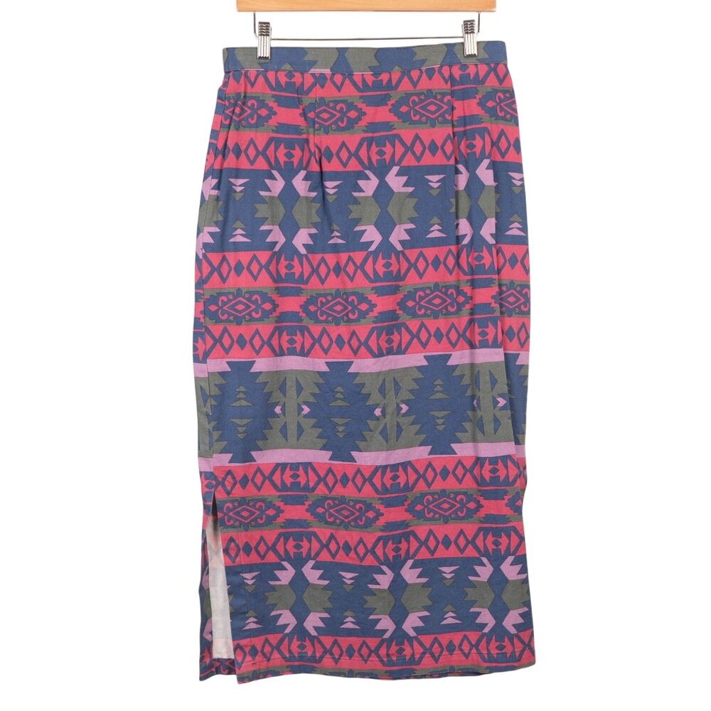 Southwestern Maxi Skirt 12 Long Cotton Blue Pink Green Slits Boho Festival Indie